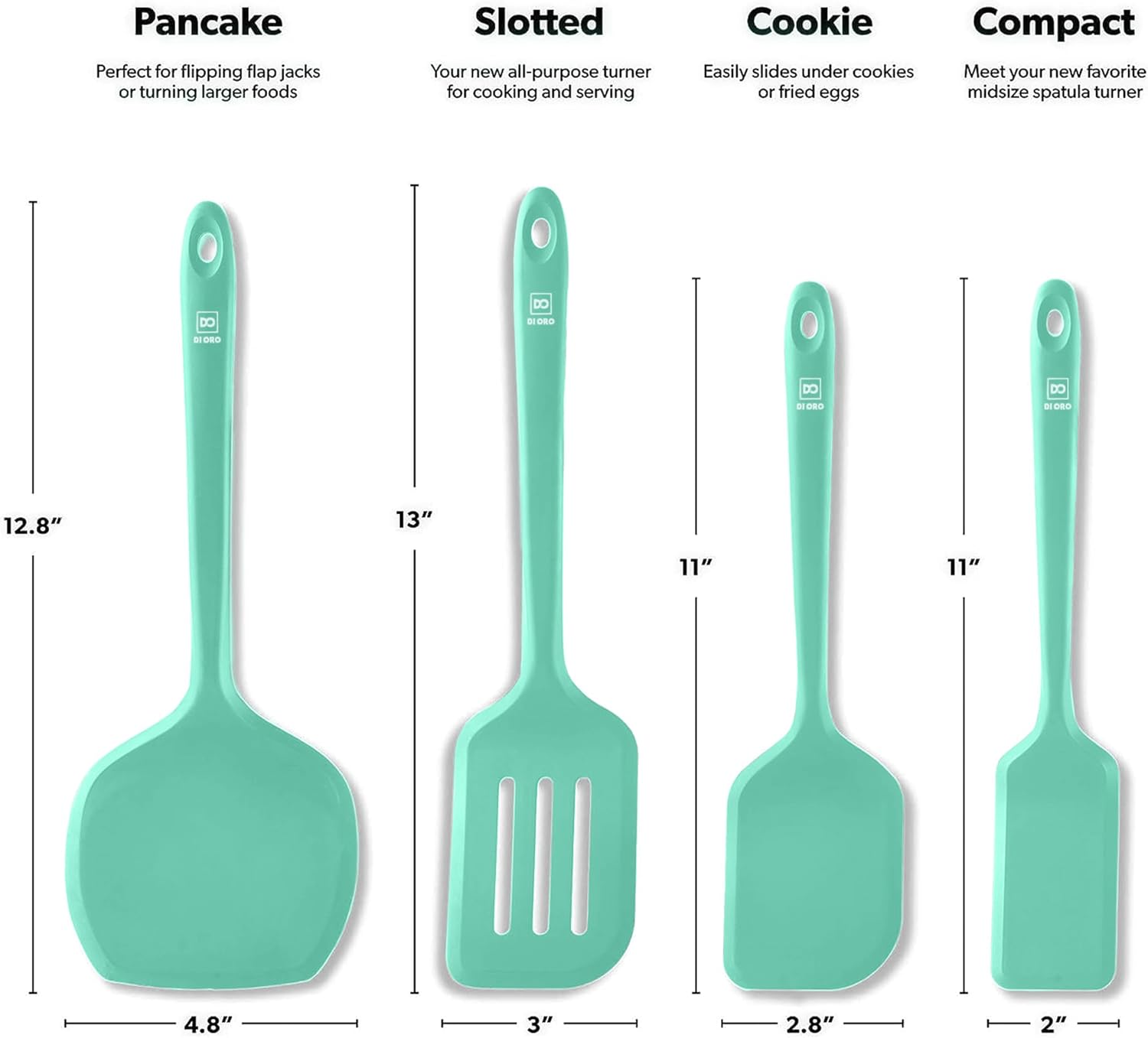 New DI ORO Silicone Turner Spatula Set - Kitchen Spatulas for Nonstick Cookware - Cooking Utensils for Flipping Eggs & Pancakes - 600°F Heat-Resistant BPA Free Turners - Dishwasher Safe (4pc, Mint)8