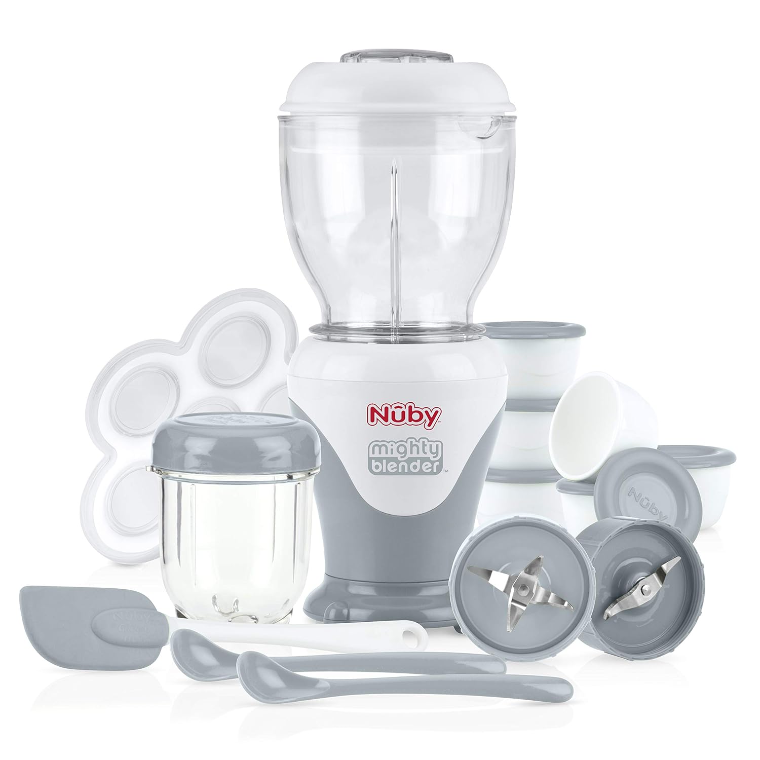 Nuby Mighty Blender with Cookbook - 22-Piece Baby Food Maker Set for Different Baby Weaning Stages - Cool Gray Design Nuby Mighty Blender with Cookbook - 22-Piece Baby Food Maker Set for Different Baby Weaning Stages - Cool Gray Design