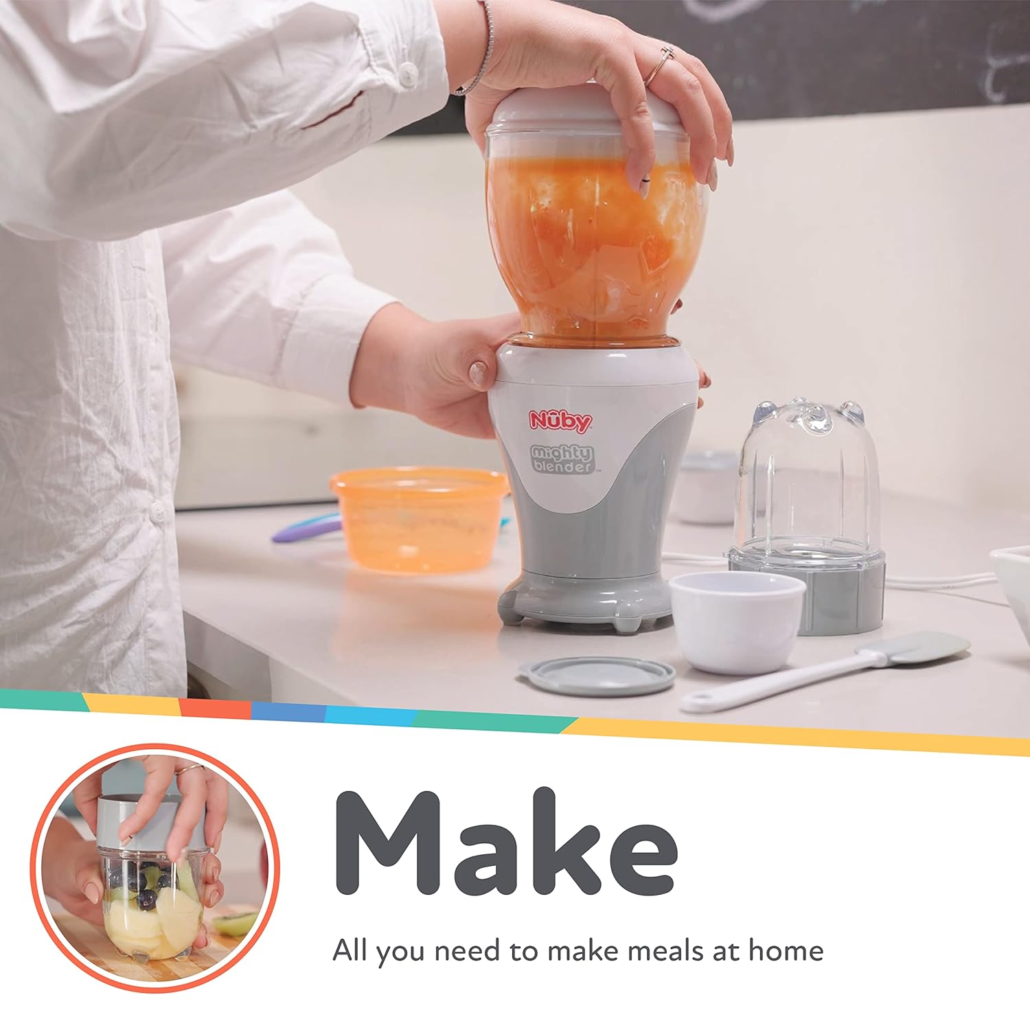 Nuby Mighty Blender with Cookbook - 22-Piece Baby Food Maker Set for Different Baby Weaning Stages - Cool Gray Design1