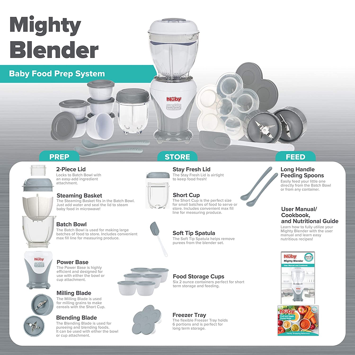 Nuby Mighty Blender with Cookbook - 22-Piece Baby Food Maker Set for Different Baby Weaning Stages - Cool Gray Design11