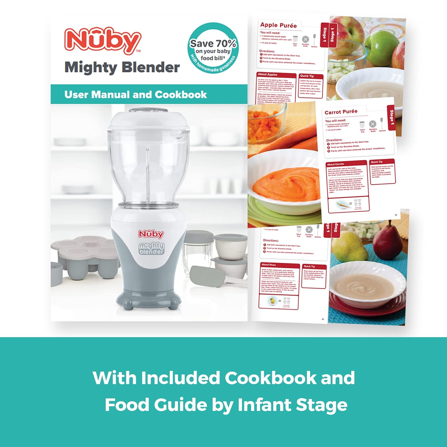 Nuby Mighty Blender with Cookbook - 22-Piece Baby Food Maker Set for Different Baby Weaning Stages - Cool Gray Design78