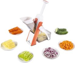 ONCE FOR ALL Safe Mandoline Slicer 5 in 1 Vegetable Cutter, Strips Julienne Dicer Adjustable Thickness 0.1-8 mm for Kitench Fast Meal Prep (Orange)