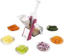 ONCE FOR ALL Safe Mandoline Slicer 5 in 1 Vegetable Cutter, Strips Julienne Dicer Adjustable Thickness 0.1-8 mm for Kitench Fast Meal Prep (Red)