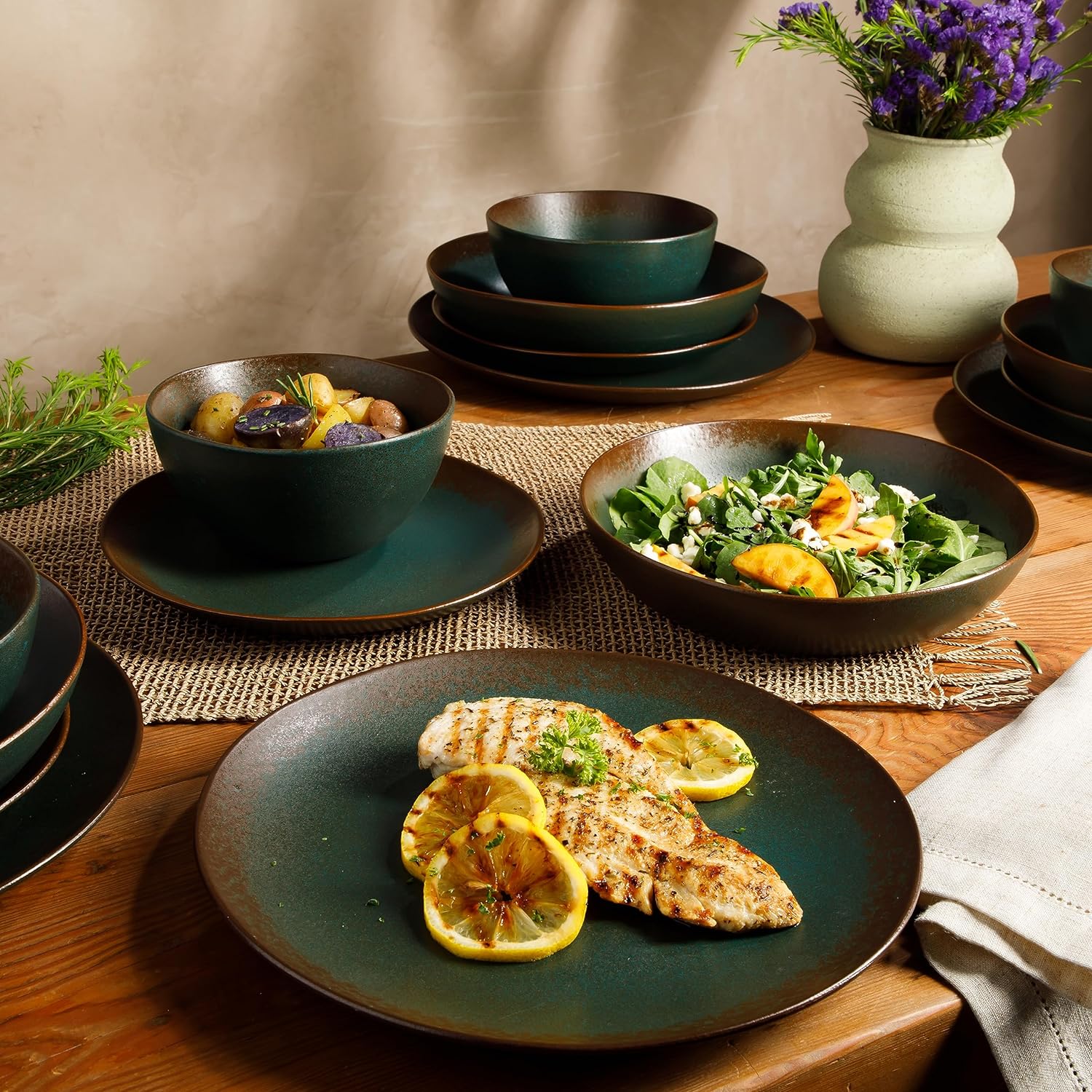 Oprah's Favorite Things - Palermo Sun Double Bowl Stoneware Reactive Glaze Plates and Bowls Dinnerware Set - Agave Blue, Service for Four (16pcs)7