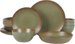 Oprah's Favorite Things - Palermo Sun Double Bowl Stoneware Reactive Glaze Plates and Bowls Dinnerware Set - Cardamom Green, Service for Four (16pcs)