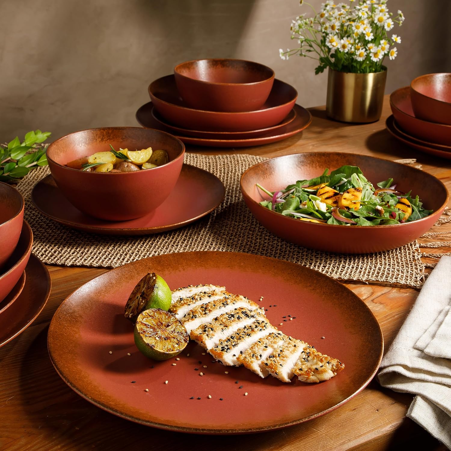 Oprah's Favorite Things - Palermo Sun Double Bowl Stoneware Reactive Glaze Plates and Bowls Dinnerware Set - Paprika Red, Service for Four (16pcs)0
