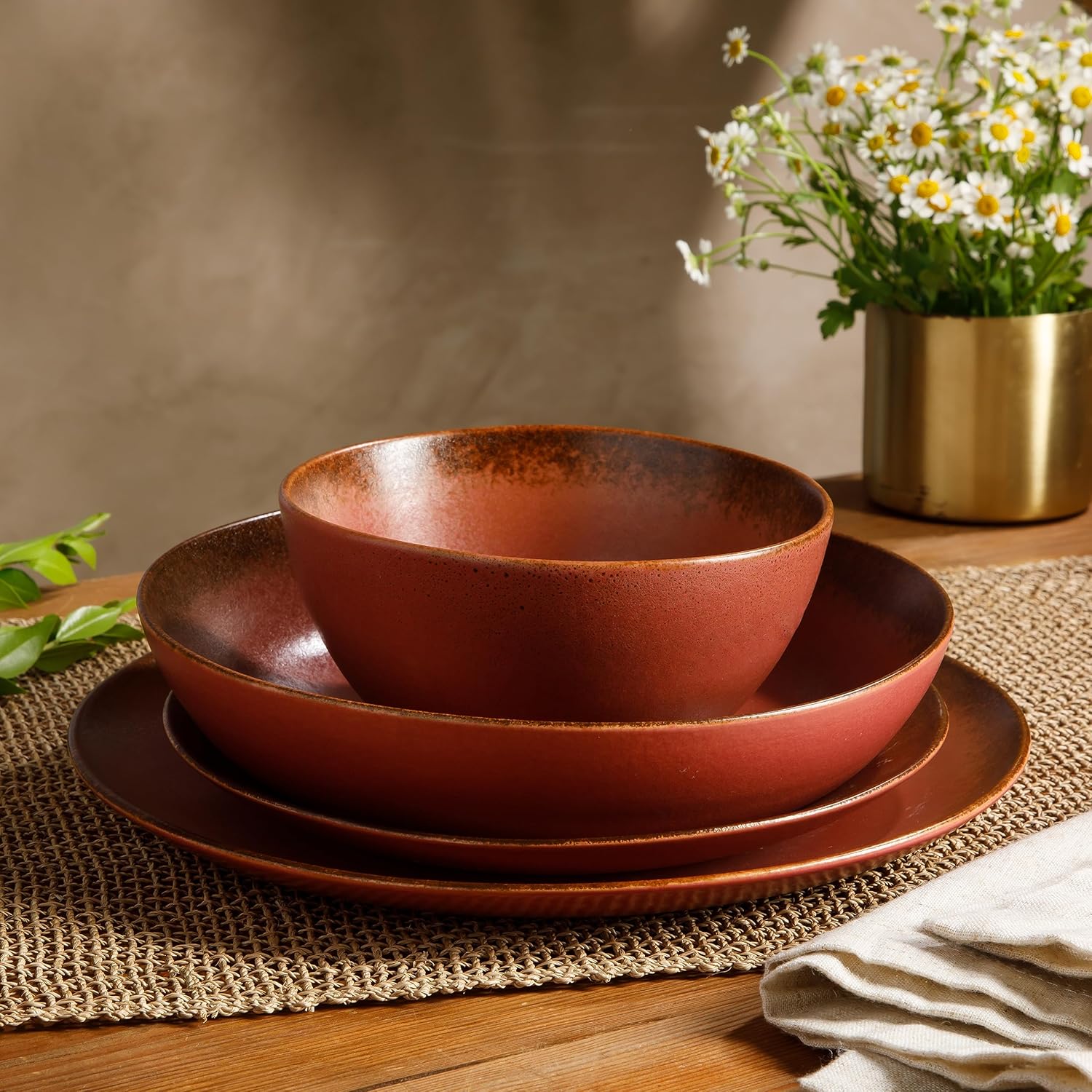 Oprah's Favorite Things - Palermo Sun Double Bowl Stoneware Reactive Glaze Plates and Bowls Dinnerware Set - Paprika Red, Service for Four (16pcs)2
