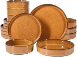 Oprah's Favorite Things - Santorini Mist Double Bowl Terracotta Reactive Glaze Plates and Bowls Dinnerware Set - Amber, Service for Four (16pcs)
