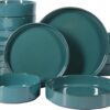 Oprah's Favorite Things - Santorini Mist Double Bowl Terracotta Reactive Glaze Plates and Bowls Dinnerware Set - Jade Blue Green, Service for Four (16pcs)