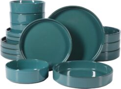 Oprah's Favorite Things - Santorini Mist Double Bowl Terracotta Reactive Glaze Plates and Bowls Dinnerware Set - Jade Blue Green, Service for Four (16pcs)