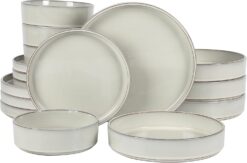 Oprah's Favorite Things - Santorini Mist Double Bowl Terracotta Reactive Glaze Plates and Bowls Dinnerware Set - Moonstone White, Service for Four (16pcs)