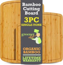 Organic Bamboo Cutting Board Set of 3 with Lifetime Replacements - Wood Cutting Board Set with Juice Groove - Wooden Chopping board Set for Kitchen, Meat and Cheese - Single Tone