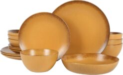 Palermo Sun Double Bowl Stoneware Reactive Glaze Plates and Bowls Dinnerware Set - Tumeric Yellow, Service for Four (16pcs)