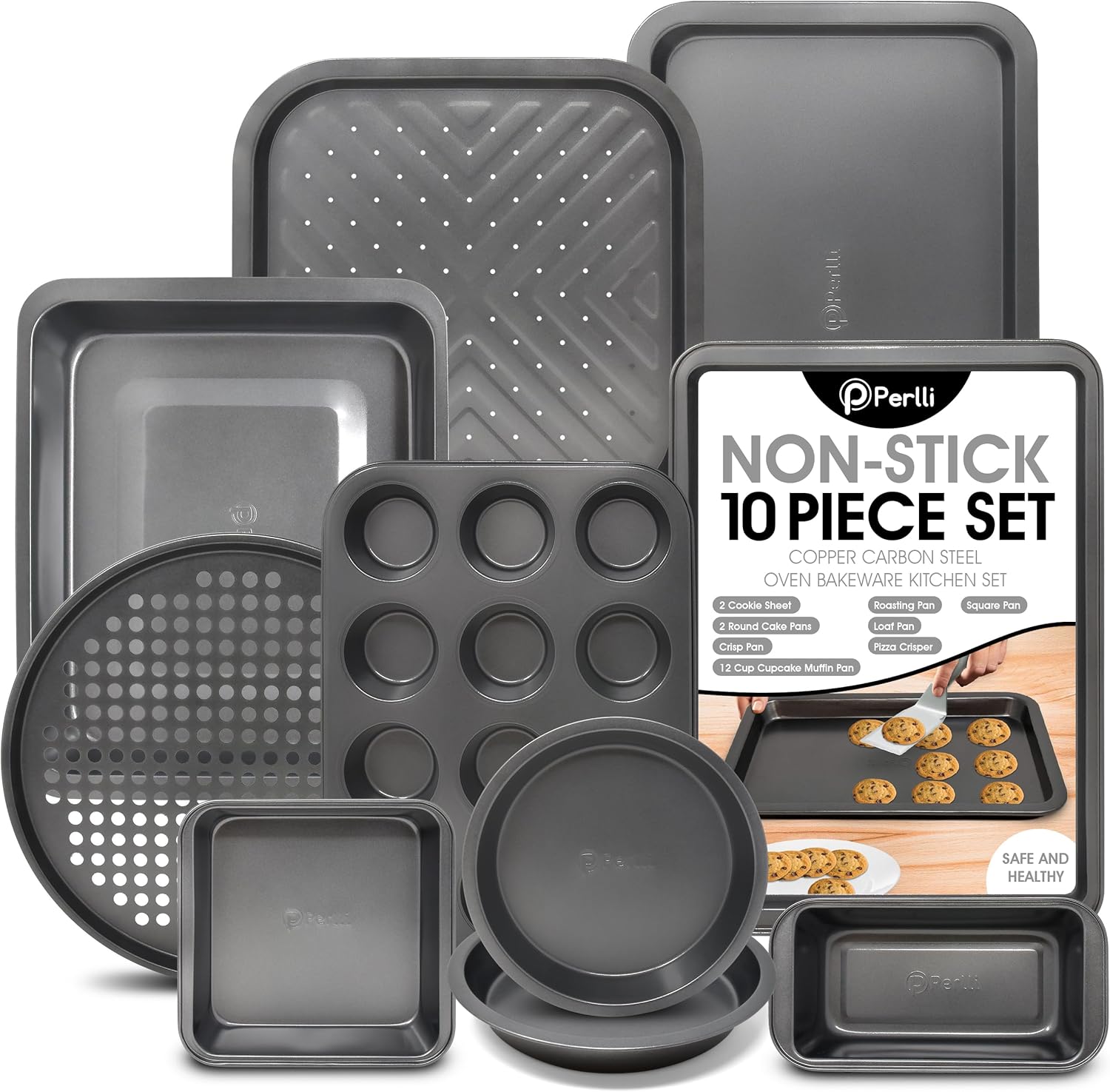 Perlli Baking Pan 10 Piece Set Nonstick Carbon Steel Gray Oven Bakeware Kitchen Set, 2 Cookie Sheets, 2 Round Cake Pans, Square Pan, Roasting Pan, Loaf Pan, Crisp Pan, Pizza Crisper, & Muffin Pan Perlli Baking Pan 10 Piece Set Nonstick Carbon Steel Gray Oven Bakeware Kitchen Set, 2 Cookie Sheets, 2 Round Cake Pans, Square Pan, Roasting Pan, Loaf Pan, Crisp Pan, Pizza Crisper, & Muffin Pan