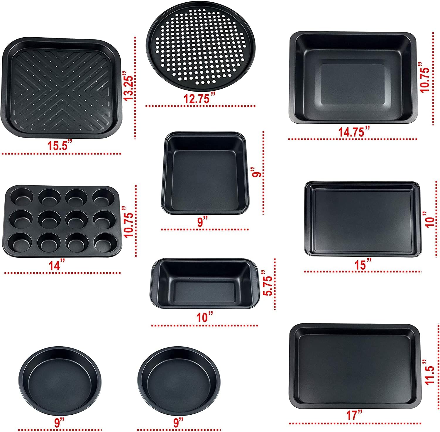 Perlli Baking Pan 10 Piece Set Nonstick Carbon Steel Gray Oven Bakeware Kitchen Set, 2 Cookie Sheets, 2 Round Cake Pans, Square Pan, Roasting Pan, Loaf Pan, Crisp Pan, Pizza Crisper, & Muffin Pan2
