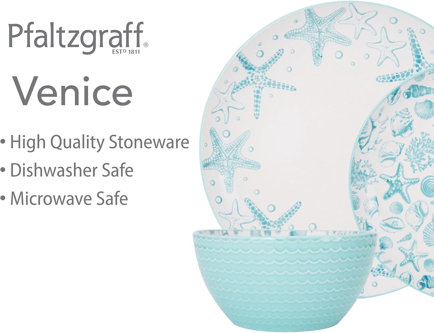 Pfaltzgraff Venice 16-Piece Stoneware Dinnerware Set, Service for 4, Aqua White1