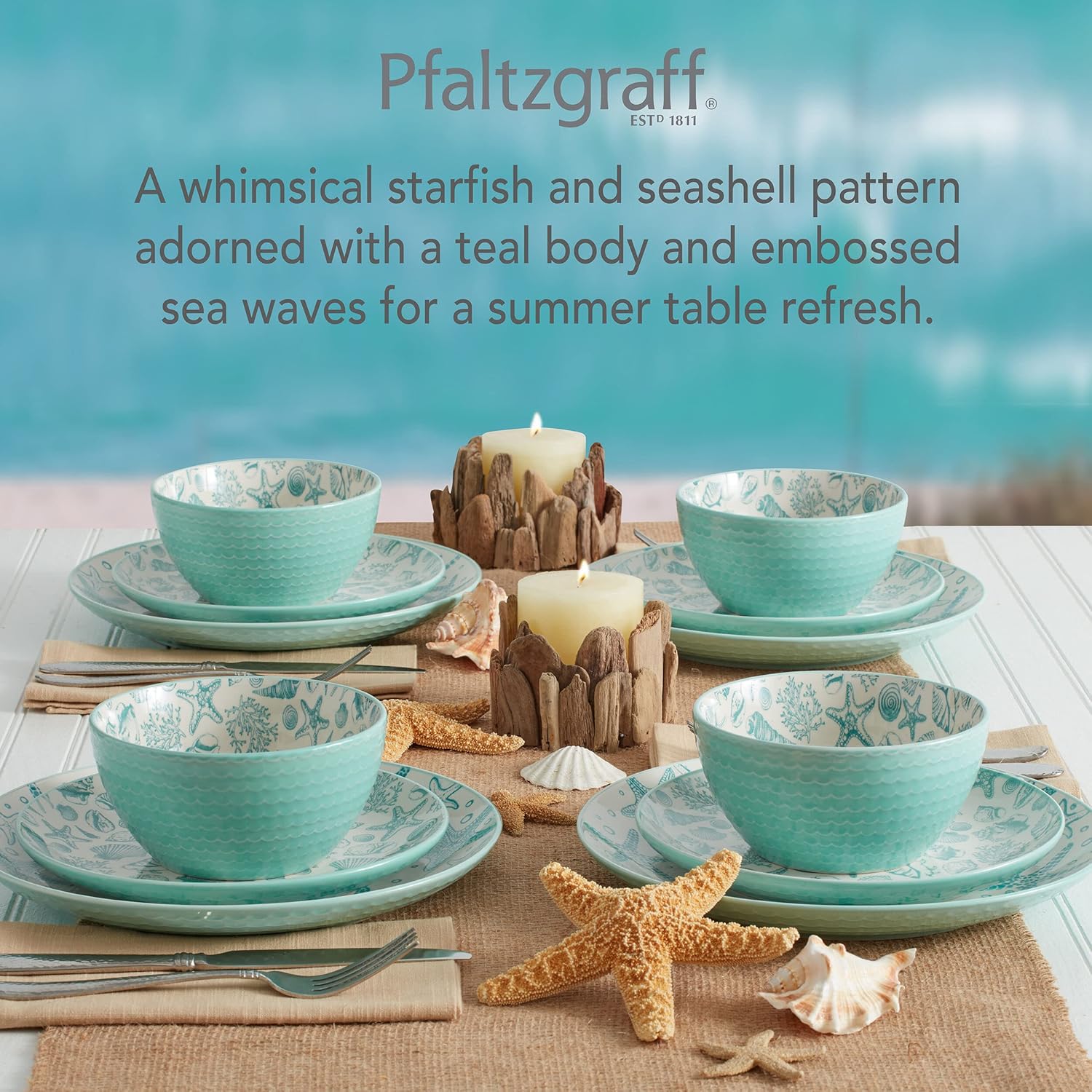 Pfaltzgraff Venice 16-Piece Stoneware Dinnerware Set, Service for 4, Aqua White3