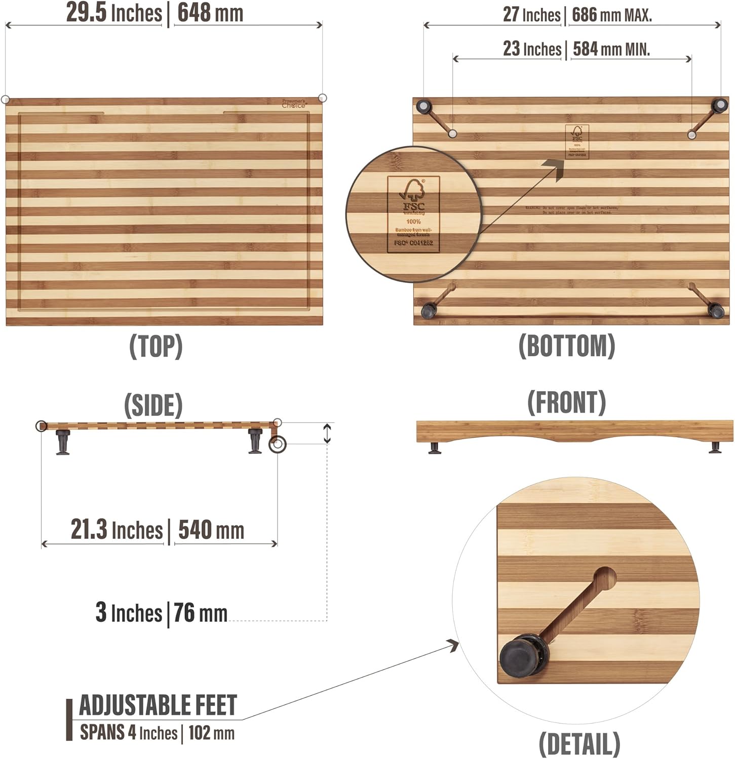 Prosumer's Choice Stovetop Cover Bamboo Cutting Board Premium, Sustainable, Expands Kitchen Space, Easy to Clean - with Adjustable Legs and Juice Grooves - Large - 29.5 L x 3.5 W x 21 H2