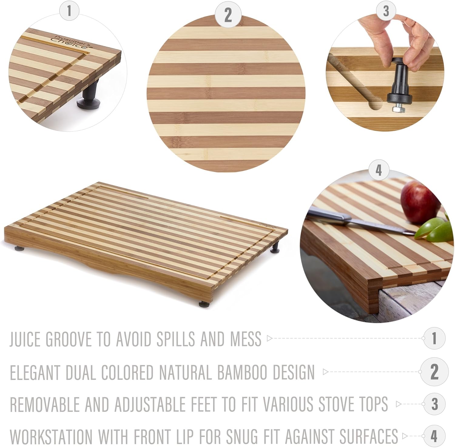 Prosumer's Choice Stovetop Cover Bamboo Cutting Board Premium, Sustainable, Expands Kitchen Space, Easy to Clean - with Adjustable Legs and Juice Grooves - Large - 29.5 L x 3.5 W x 21 H4