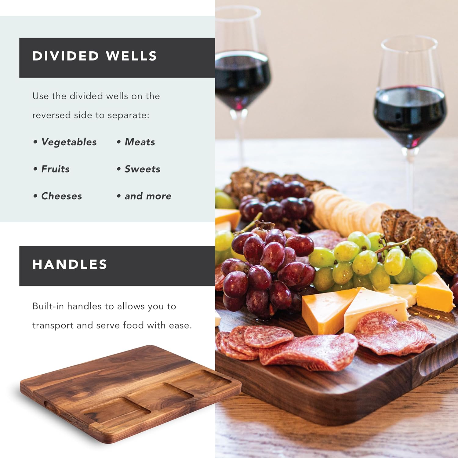 ROSSIE HOME Wood Cutting Board, Heavy-Duty, Pre-Oiled, Reversible Charcuterie Board with Juice Groove, Divided Wells, and Carrying Handles for Kitchen - Black Walnut - 17x13 Inch - Style No. 605340