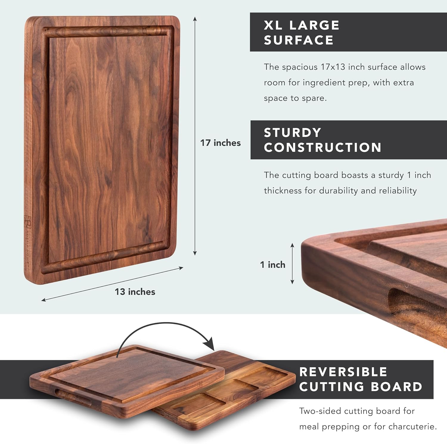 ROSSIE HOME Wood Cutting Board, Heavy-Duty, Pre-Oiled, Reversible Charcuterie Board with Juice Groove, Divided Wells, and Carrying Handles for Kitchen - Black Walnut - 17x13 Inch - Style No. 605341