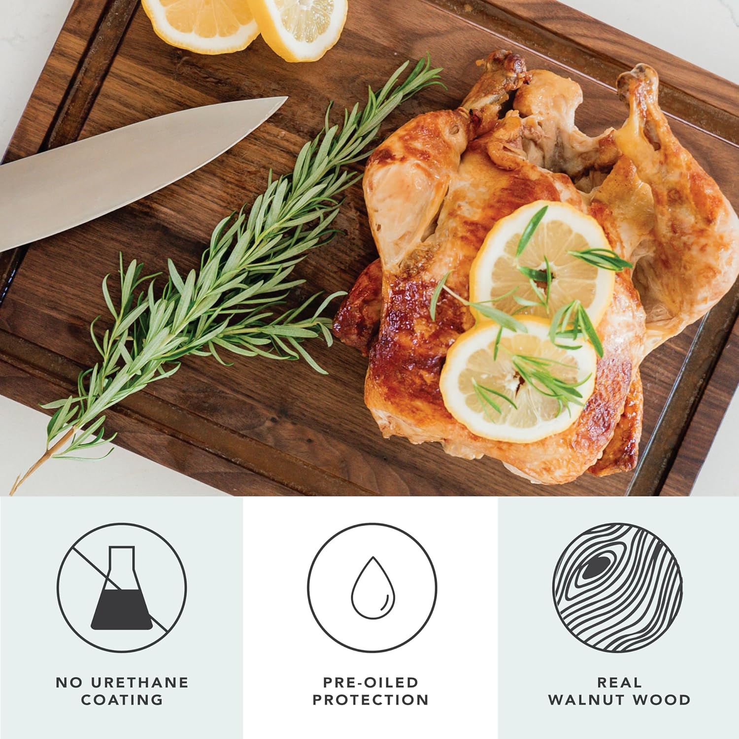 ROSSIE HOME Wood Cutting Board, Heavy-Duty, Pre-Oiled, Reversible Charcuterie Board with Juice Groove, Divided Wells, and Carrying Handles for Kitchen - Black Walnut - 17x13 Inch - Style No. 605343