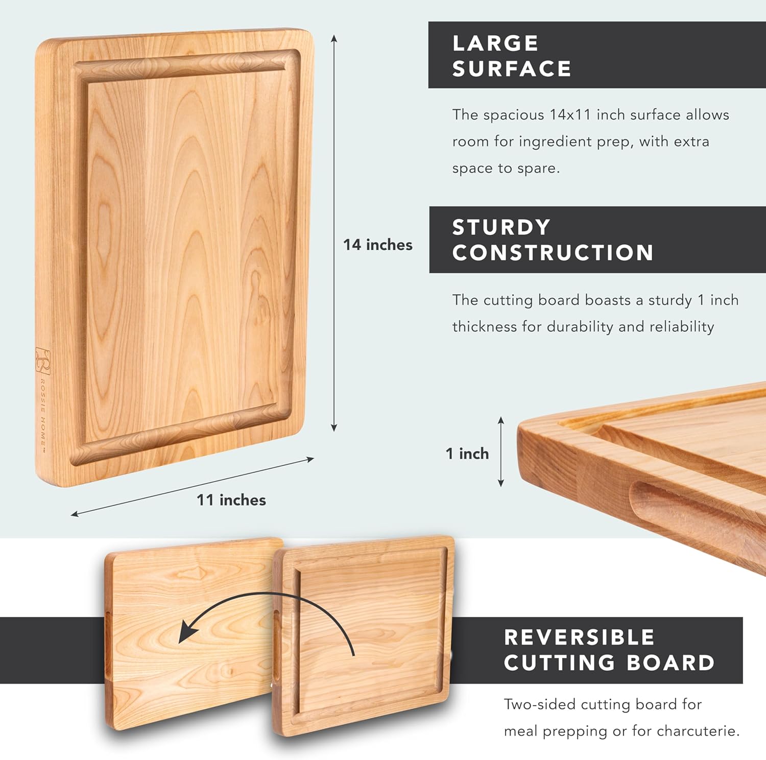 ROSSIE HOME Wood Cutting Board, Heavy-Duty, Pre-Oiled, Reversible Charcuterie Board with Juice Groove and Carrying Handles for Kitchen - Blonde Maple - 14x11 Inch - Style No. 605111