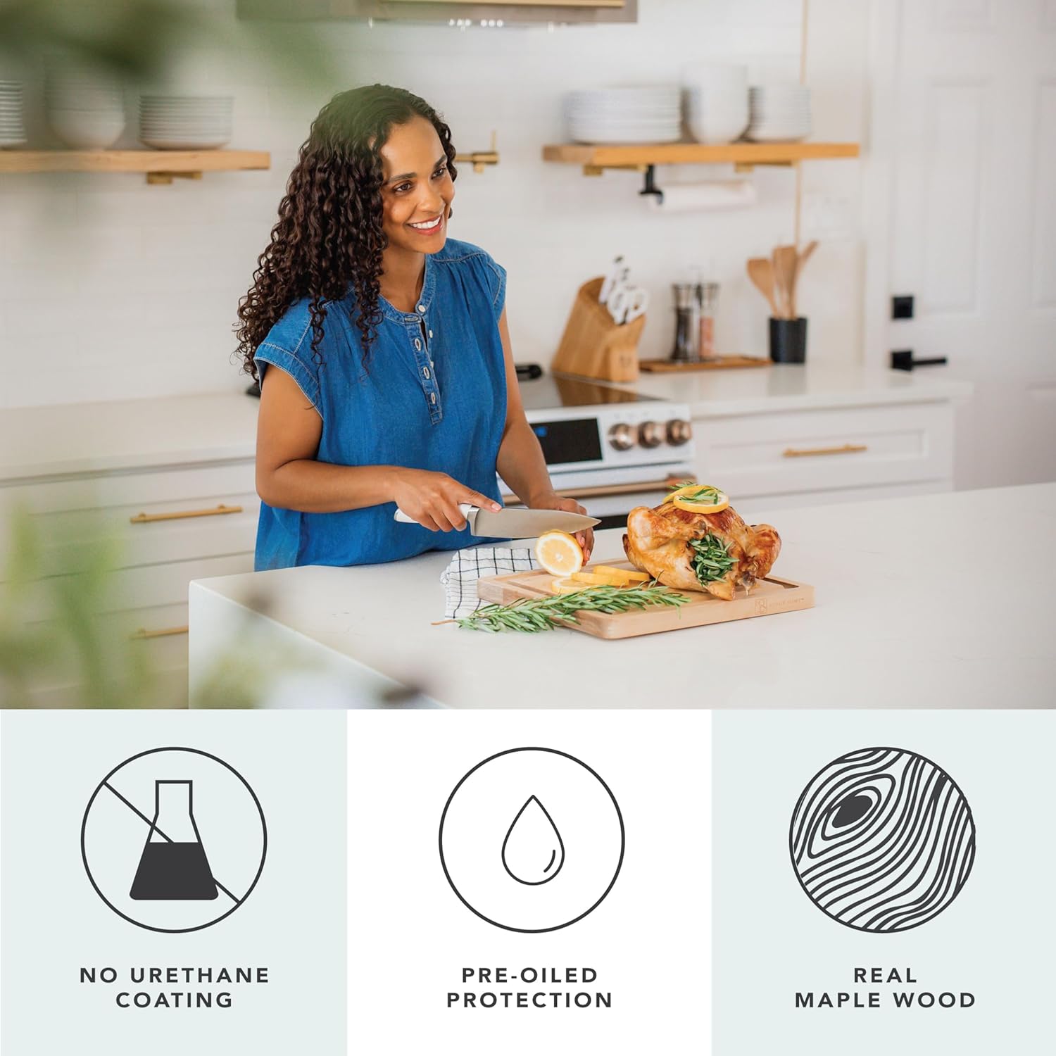 ROSSIE HOME Wood Cutting Board, Heavy-Duty, Pre-Oiled, Reversible Charcuterie Board with Juice Groove and Carrying Handles for Kitchen - Blonde Maple - 14x11 Inch - Style No. 605113