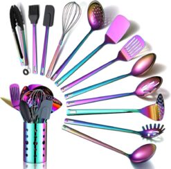 Rainbow Kitchen Utensils Set,13 Pieces Stainless Steel Cooking Utensils Set With Titanium Rainbow Plating,Kitchen Tools Set With Utensil Holder For Non-Stick Cookware Dishwasher Safe (13 Packs)