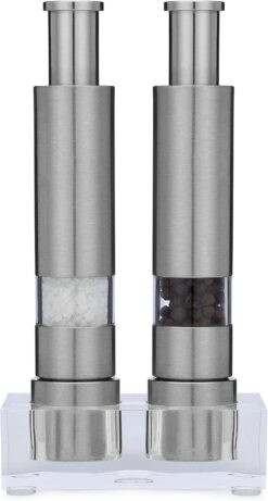 Salt and Pepper Grinder Set, Refillable, Manually Operated Pump & Grind, Thumb Press Peppermill, and Salt Grinder.
