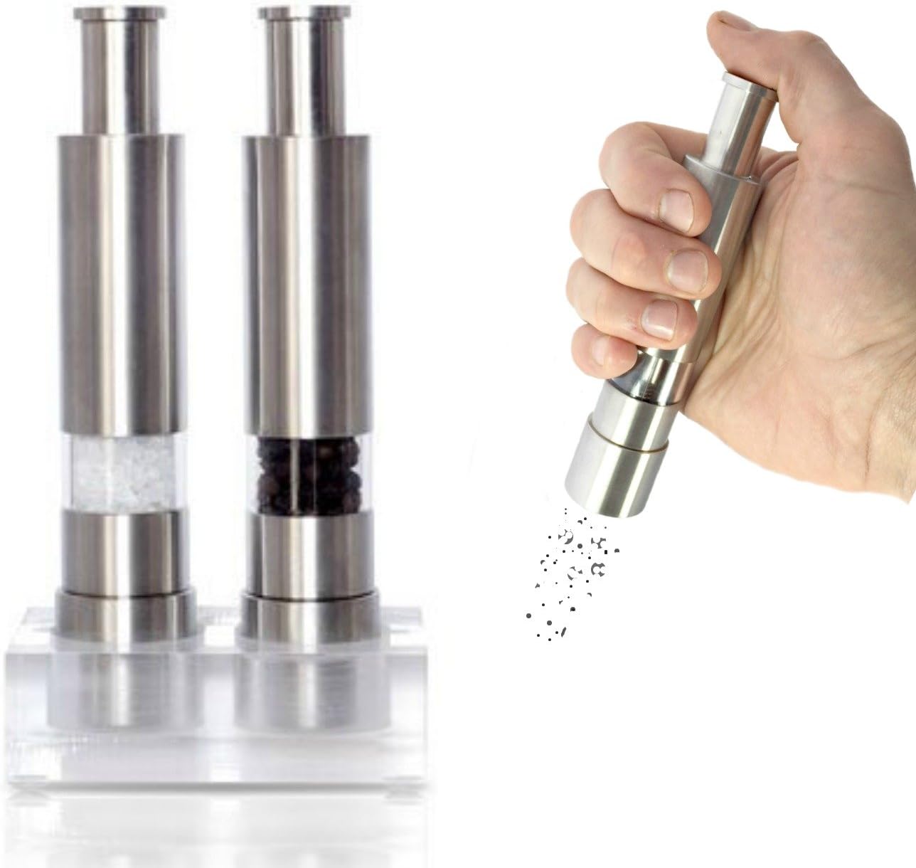 Salt and Pepper Grinder Set, Refillable, Manually Operated Pump & Grind, Thumb Press Peppermill, and Salt Grinder.1