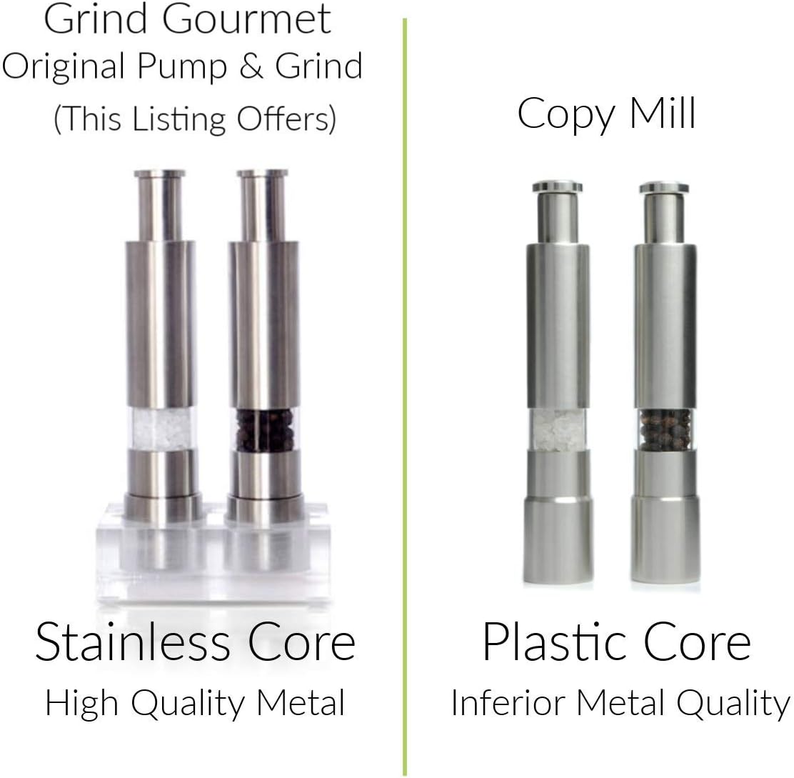 Salt and Pepper Grinder Set, Refillable, Manually Operated Pump & Grind, Thumb Press Peppermill, and Salt Grinder.2