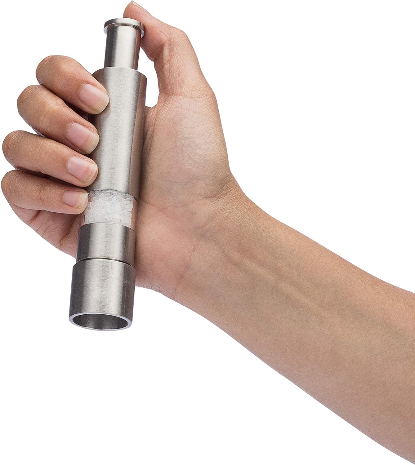 Salt and Pepper Grinder Set, Refillable, Manually Operated Pump & Grind, Thumb Press Peppermill, and Salt Grinder.4