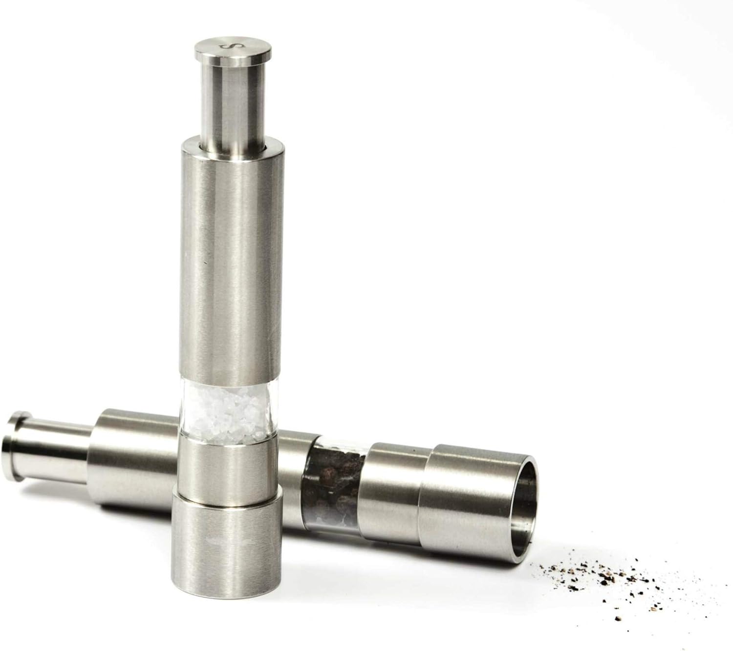 Salt and Pepper Grinder Set, Refillable, Manually Operated Pump & Grind, Thumb Press Peppermill, and Salt Grinder.6