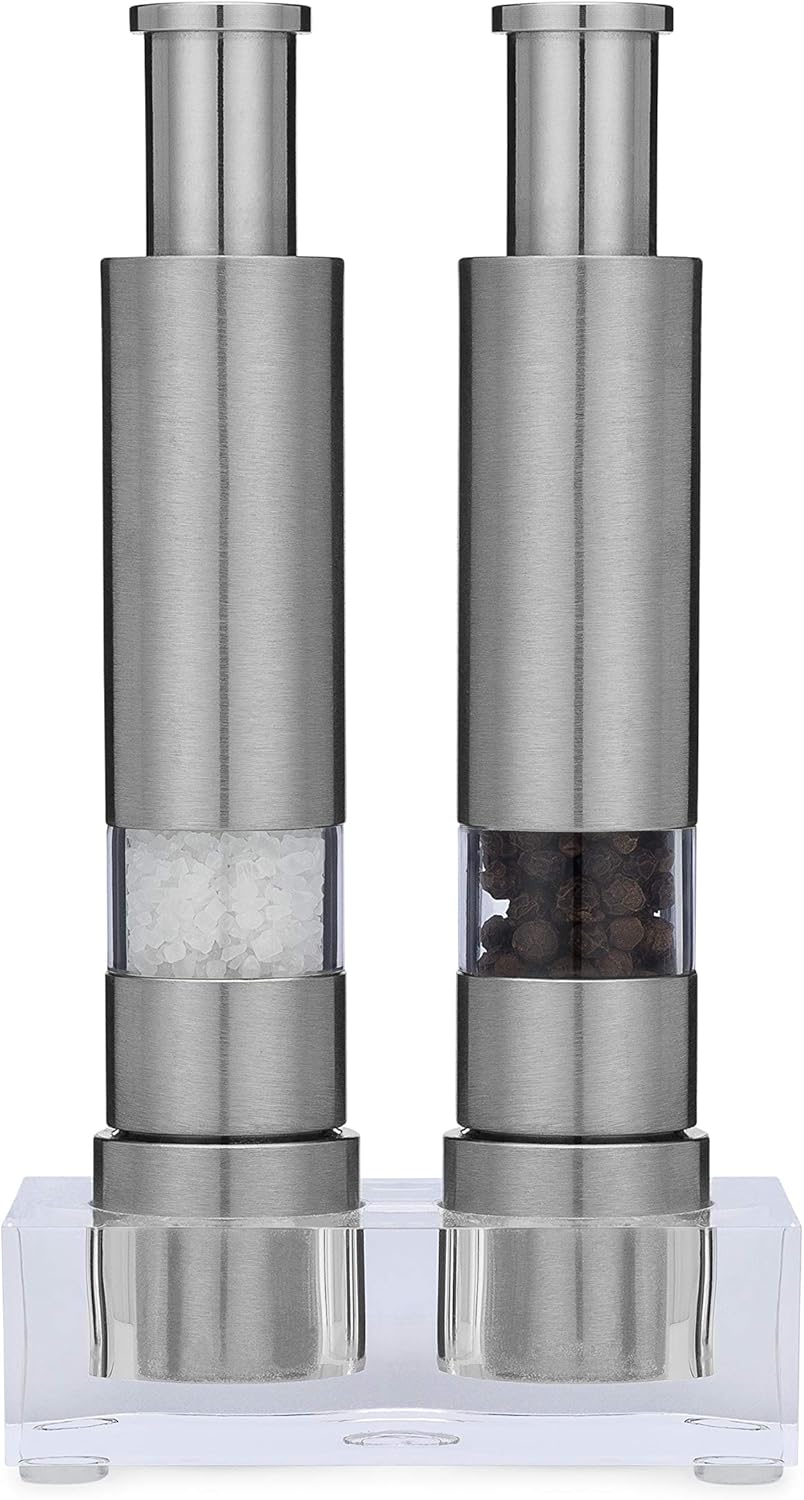 Salt and Pepper Grinder Set, Refillable, Manually Operated Pump & Grind, Thumb Press Peppermill, and Salt Grinder. Salt and Pepper Grinder Set, Refillable, Manually Operated Pump & Grind, Thumb Press Peppermill, and Salt Grinder.