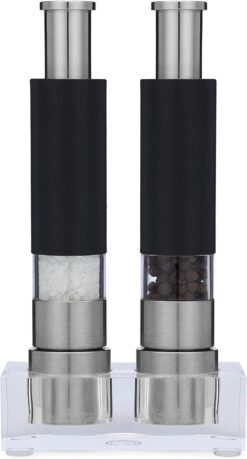 Salt and Pepper Grinder Set of 2 with Modern Thumb Push Button Black Grinder, Stainless Steel, for Black Pepper, Sea Salt and Himalayan Salt, With Stand, Peppermill are Refillable