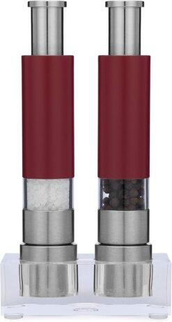 Salt and Pepper Grinder Set of 2 with Modern Thumb Push Button Red Grinder, Premium Stainless Steel, for Black Pepper, Sea Salt and Himalayan Salt, With Stand, Peppermill are Refillable