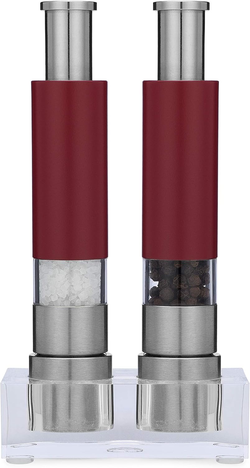 Salt and Pepper Grinder Set of 2 with Modern Thumb Push Button Red Grinder, Premium Stainless Steel, for Black Pepper, Sea Salt and Himalayan Salt, With Stand, Peppermill are Refillable Salt and Pepper Grinder Set of 2 with Modern Thumb Push Button Red Grinder, Premium Stainless Steel, for Black Pepper, Sea Salt and Himalayan Salt, With Stand, Peppermill are Refillable