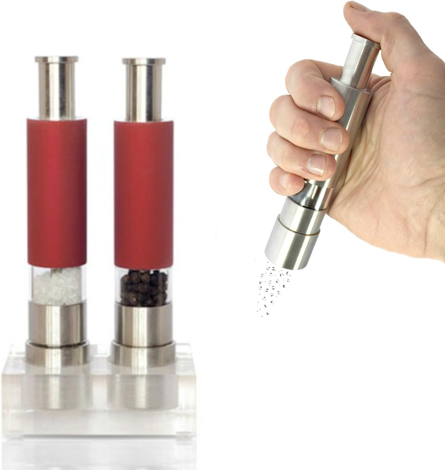 Salt and Pepper Grinder Set of 2 with Modern Thumb Push Button Red Grinder, Premium Stainless Steel, for Black Pepper, Sea Salt and Himalayan Salt, With Stand, Peppermill are Refillable1