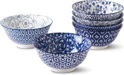 Selamica Blue and White Porcelain 20oz Cereal Bowl Set - Set of 6, 6 inch Soup Bowls, Ceramic bowls for Cereal, Soup, Salad and Pasta, Vintage Blue