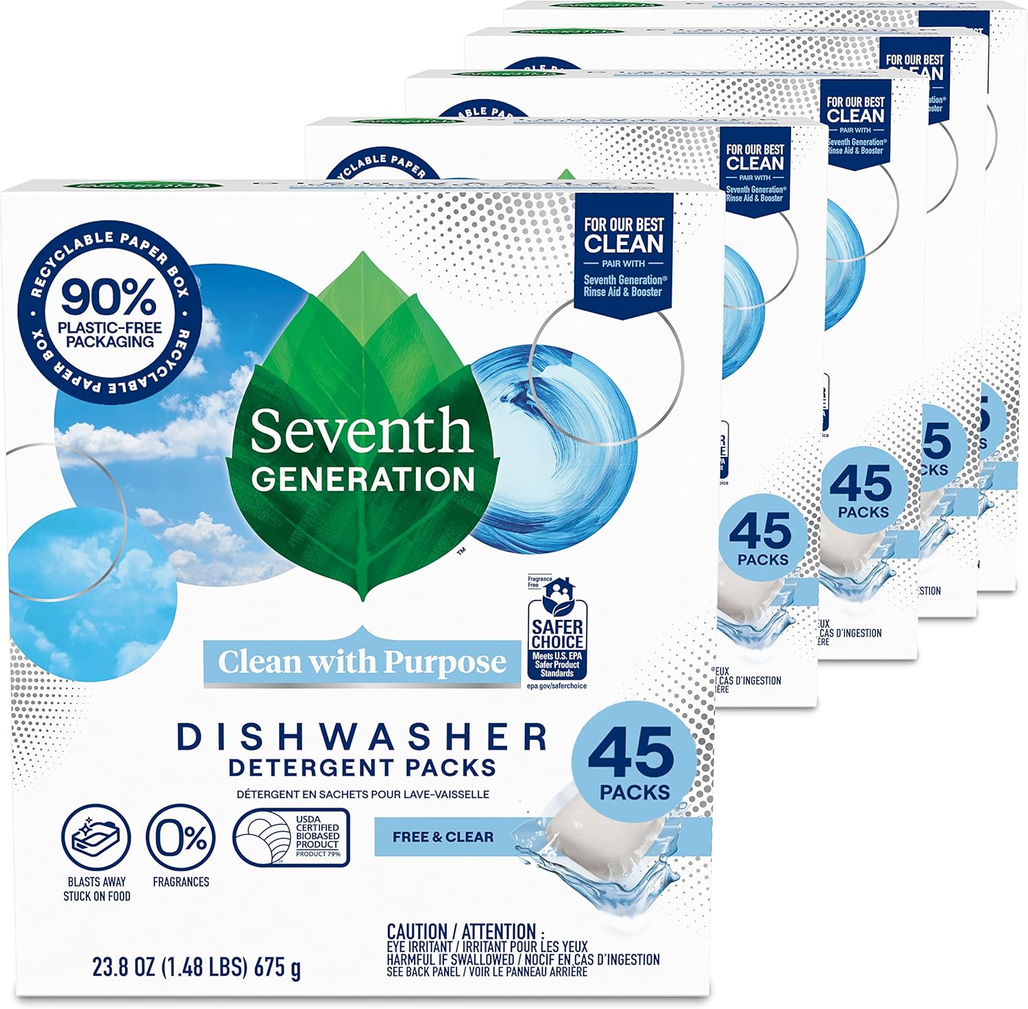Seventh Generation Dishwasher Detergent Packs Free & Clear Pack of 5 for sparkling dishes Dishwasher tabs 45 count Seventh Generation Dishwasher Detergent Packs Free & Clear Pack of 5 for sparkling dishes Dishwasher tabs 45 count