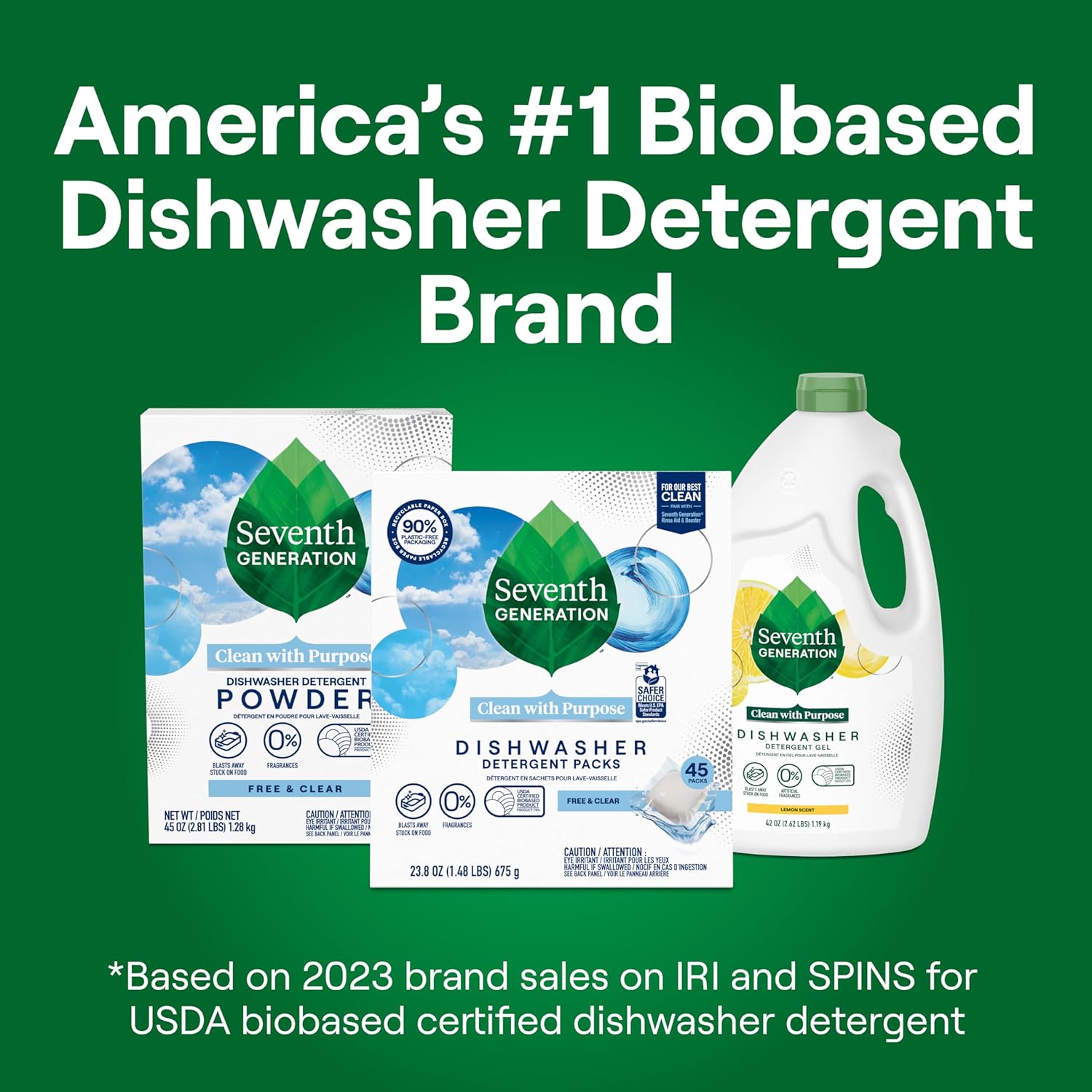 Seventh Generation Dishwasher Detergent Packs Free & Clear Pack of 5 for sparkling dishes Dishwasher tabs 45 count5