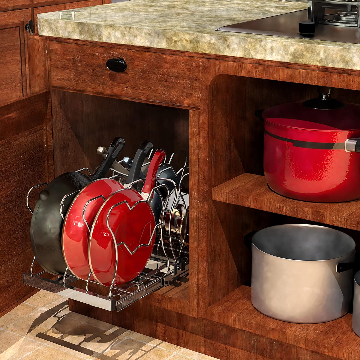 Simple Houseware Organizer Pull Out Under Cabinet Sliding Shelf for Kitchen,Bathroom, Pantry Pan and Pot Lid, Silver4