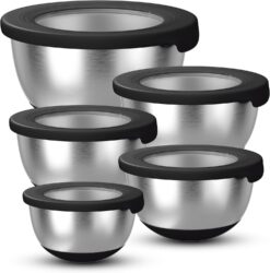 Stainless Steel Mixing Bowls with Airtight Lids Set of 5, Nesting Mixing Bowls for Kitchen, Black, Dishwasher Safe, Non-Slip, Multi-Purpose for Cooking, Baking, Prepping & Food Storage