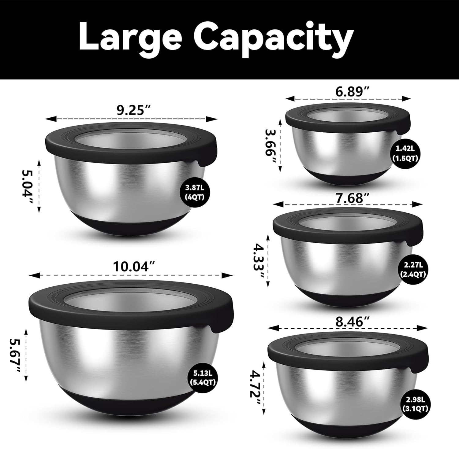 Stainless Steel Mixing Bowls with Airtight Lids Set of 5, Nesting Mixing Bowls for Kitchen, Black, Dishwasher Safe, Non-Slip, Multi-Purpose for Cooking, Baking, Prepping & Food Storage1