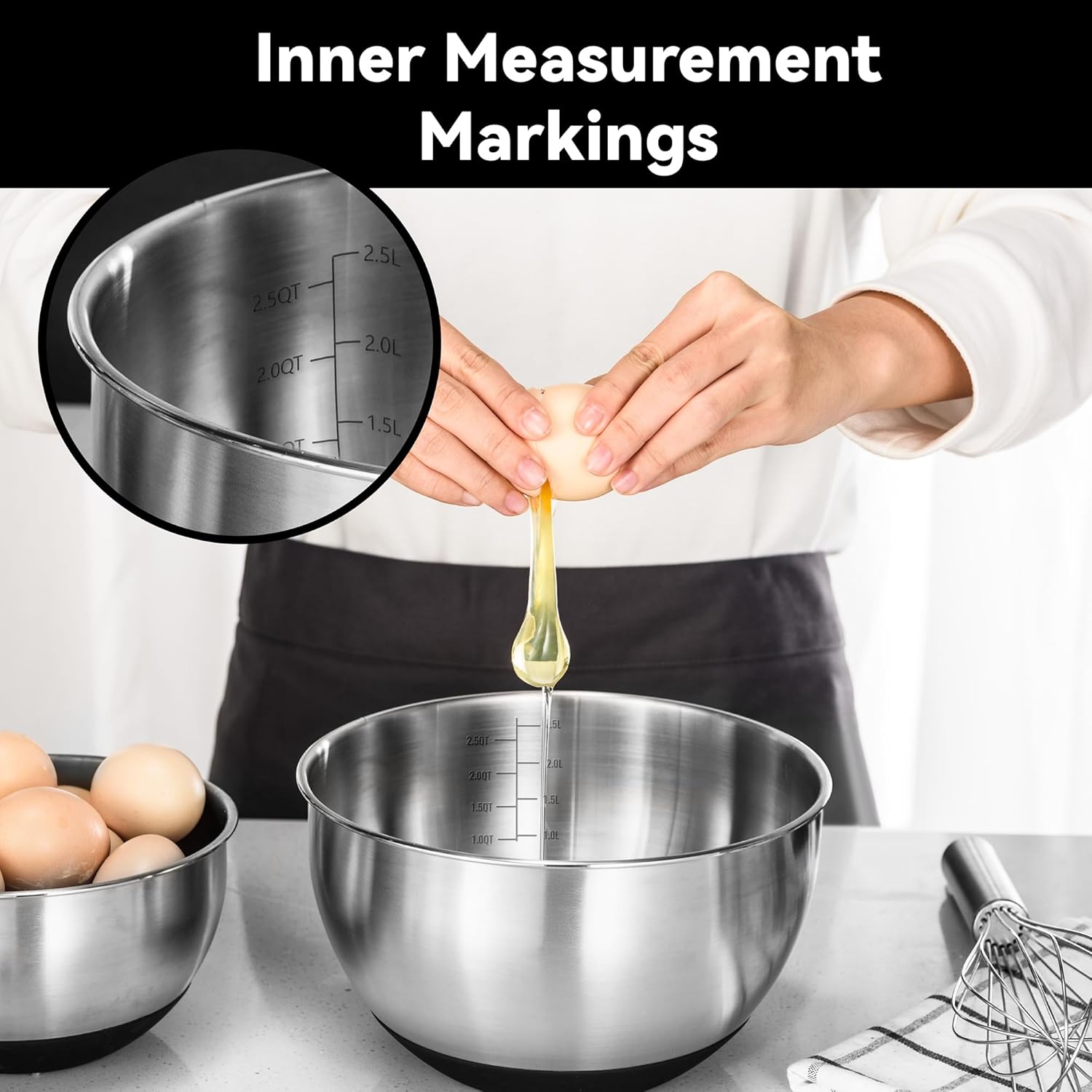 Stainless Steel Mixing Bowls with Airtight Lids Set of 5, Nesting Mixing Bowls for Kitchen, Black, Dishwasher Safe, Non-Slip, Multi-Purpose for Cooking, Baking, Prepping & Food Storage5