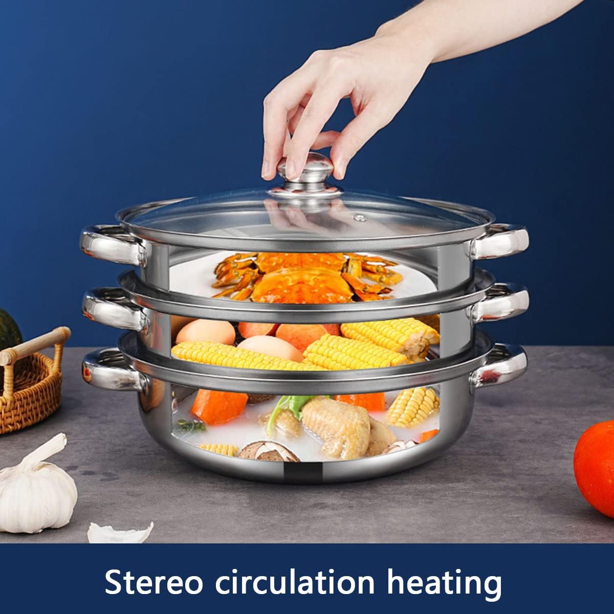 Steamer Pot for Cooking 11 inch, Steamer Pots 3-tier Multipurpose Stainless Steel Steam Pot Cookware with Handle for Vegetable2