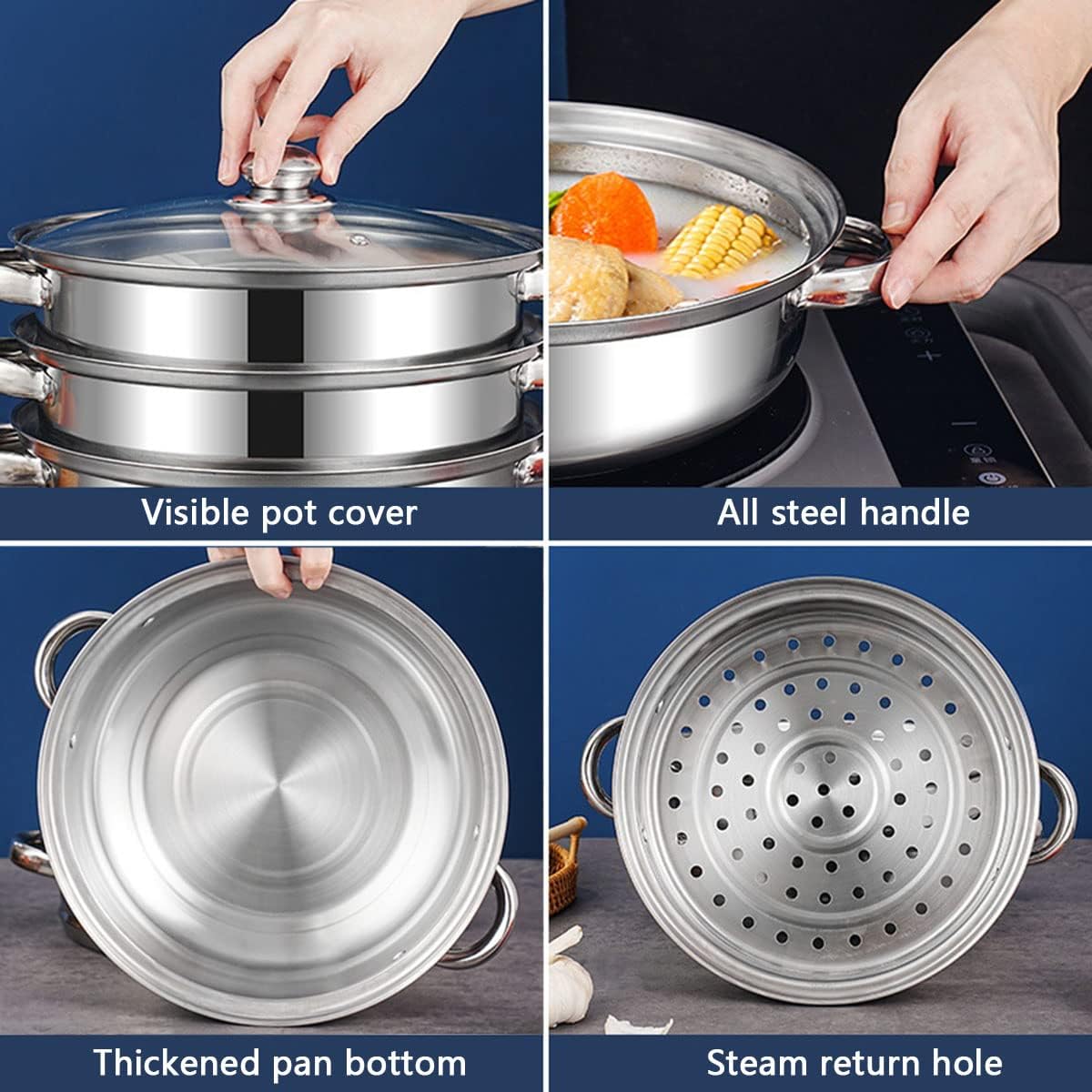 Steamer Pot for Cooking 11 inch, Steamer Pots 3-tier Multipurpose Stainless Steel Steam Pot Cookware with Handle for Vegetable4