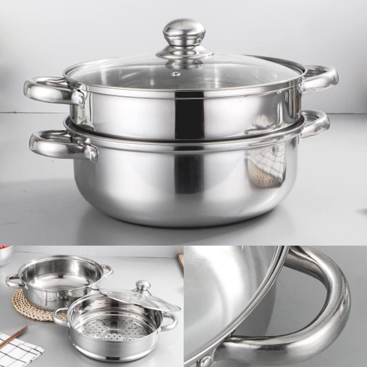 Steamer Pot for Cooking 11.9 inch Steamer Pot Upgrade Capacity, 2-tier Multipurpose 18 8 Stainless Steel Steam Pot Cookware with Lid for Vegetable, Dumpling, Stock, Sauce, Food1