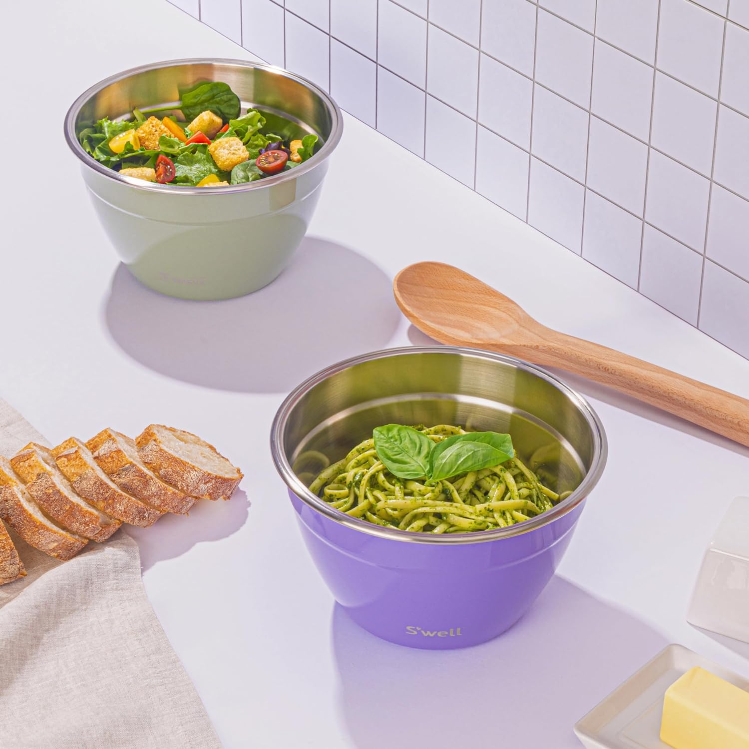 S'well Stainless Steel Salad Bowl Kit 64oz, Mountain Sage, Comes with 2oz Mini Canister and Removable Tray for Organization, Leakproof, Easy to Clean, Dishwasher Safe0